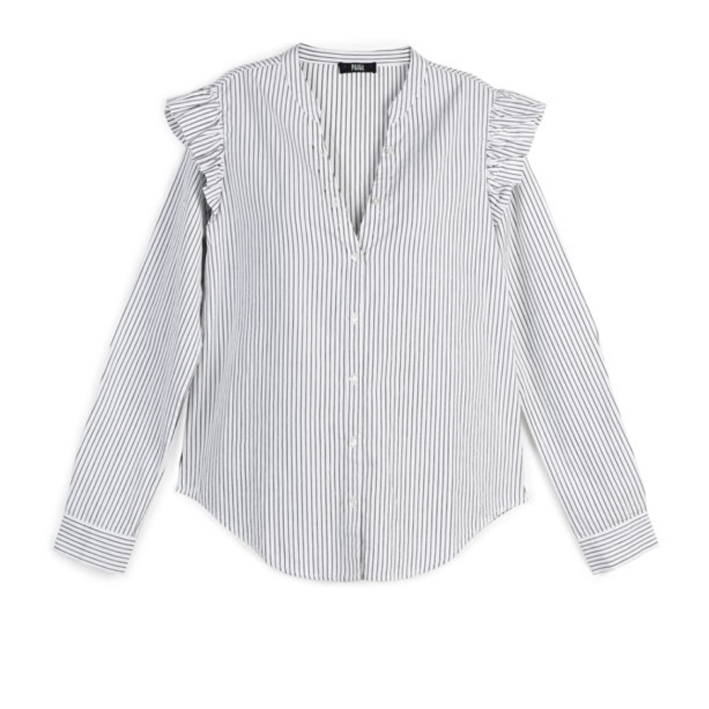 PAIGE Jenelle Ruffle Shoulder Stripe Cotton Button Front Blouse L-XL